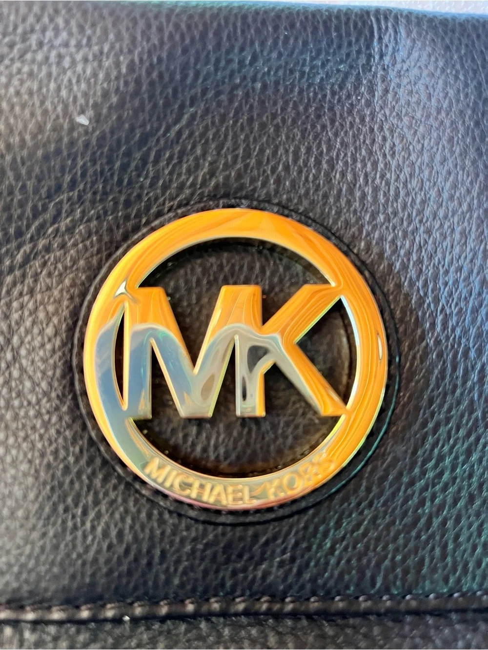 Michael Kors Black Leather Shoulder Bag with Gold MK Logo